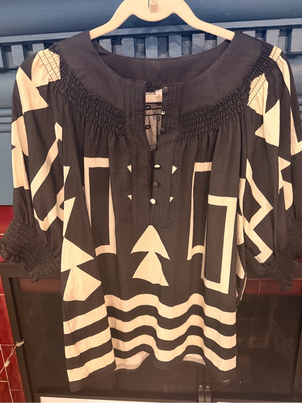 THML Black and White Geometric Smocked Peasant Tunic